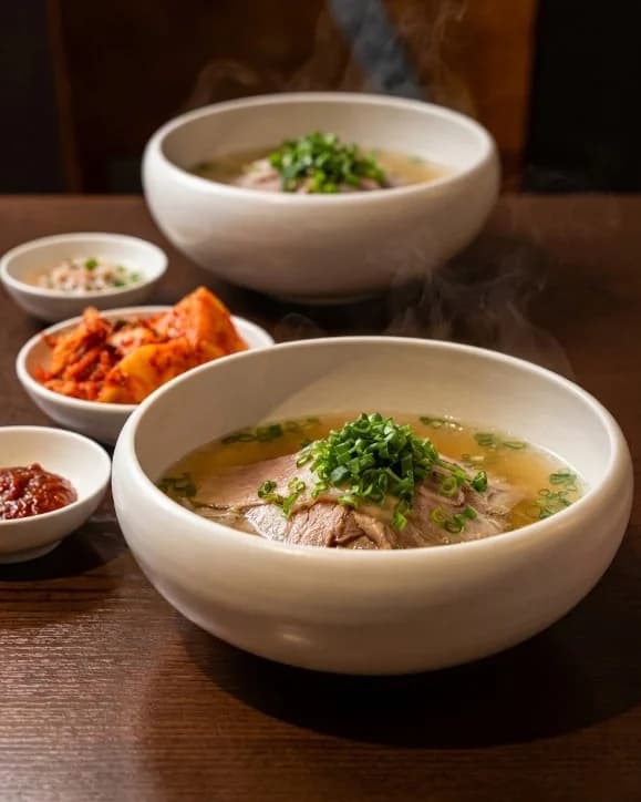 나무 상에 놓인 월하곰탕 두 그릇. 맑은 국물에 고기를 담고 쪽파를 올렸으며, 옆에 김치와 장이 함께 놓여 있다.